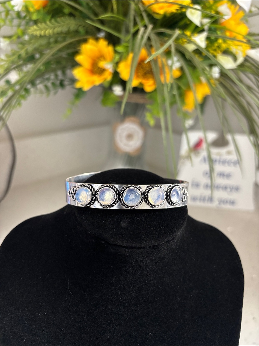 Sterling Silver Opalite Gemstone Cuff Bracelet - Adjustable